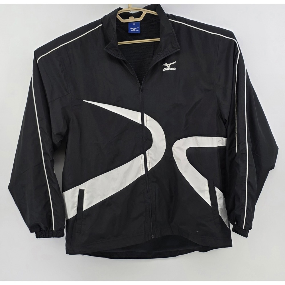 Mizuno Mens XL Jacket Black White Vintage Windbreaker Full Zip Track Coat XL